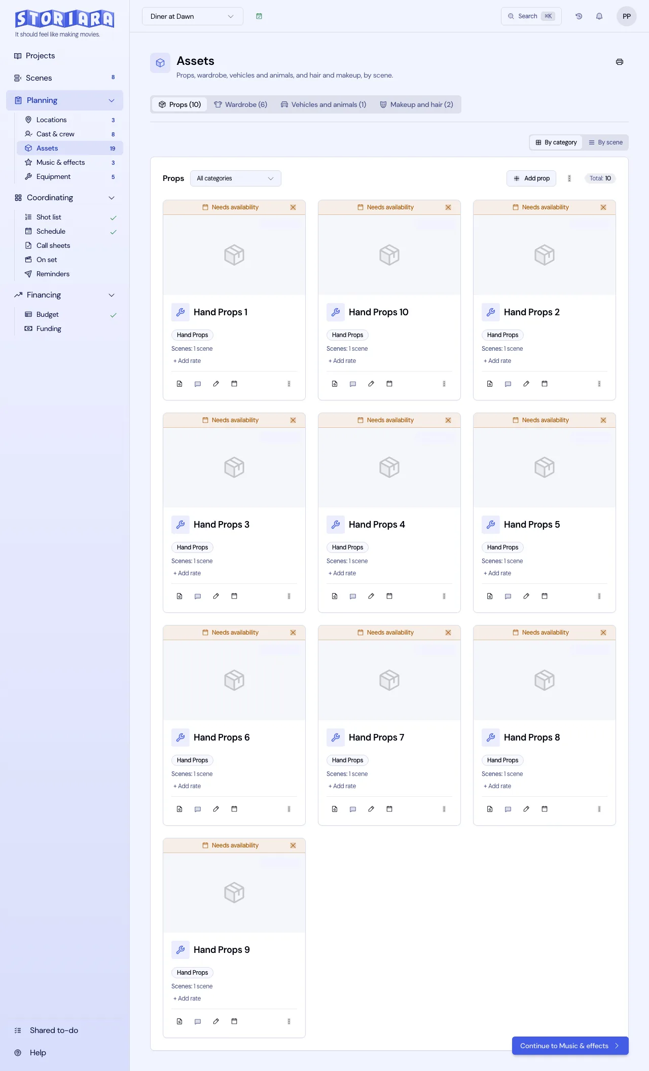 Screenshot: The Wardrobe tab with category filters and Needs Availability banners