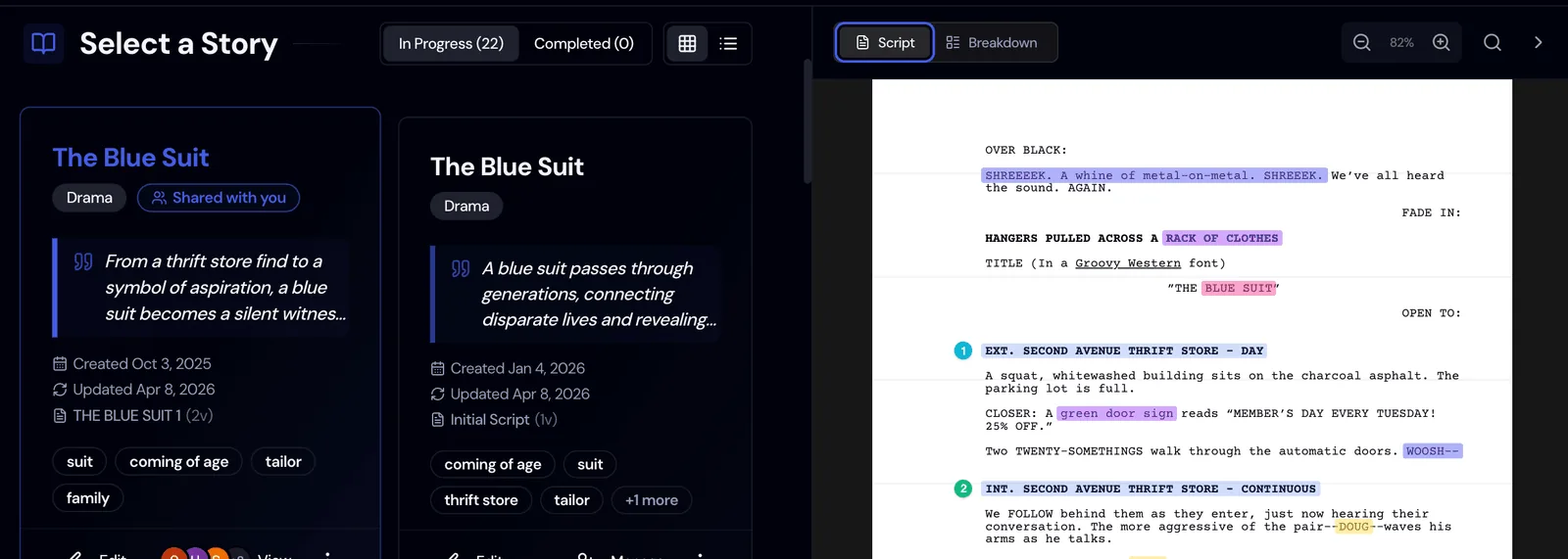 Screenshot: Highlighted elements in the Script tab beside My Stories