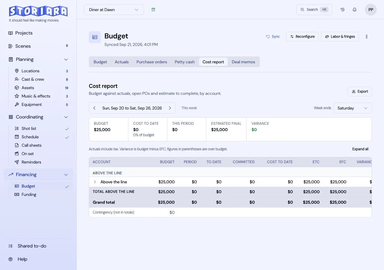 Run the budget setup wizard in Storiara