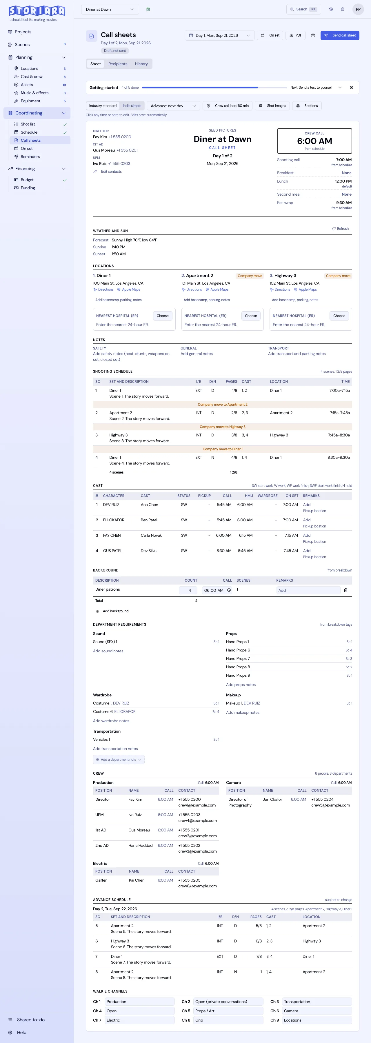 Screenshot: A call sheet in the editor
