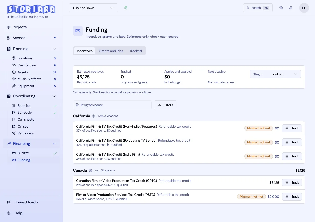 Screenshot: The Funding page with the summary strip and incentive rows