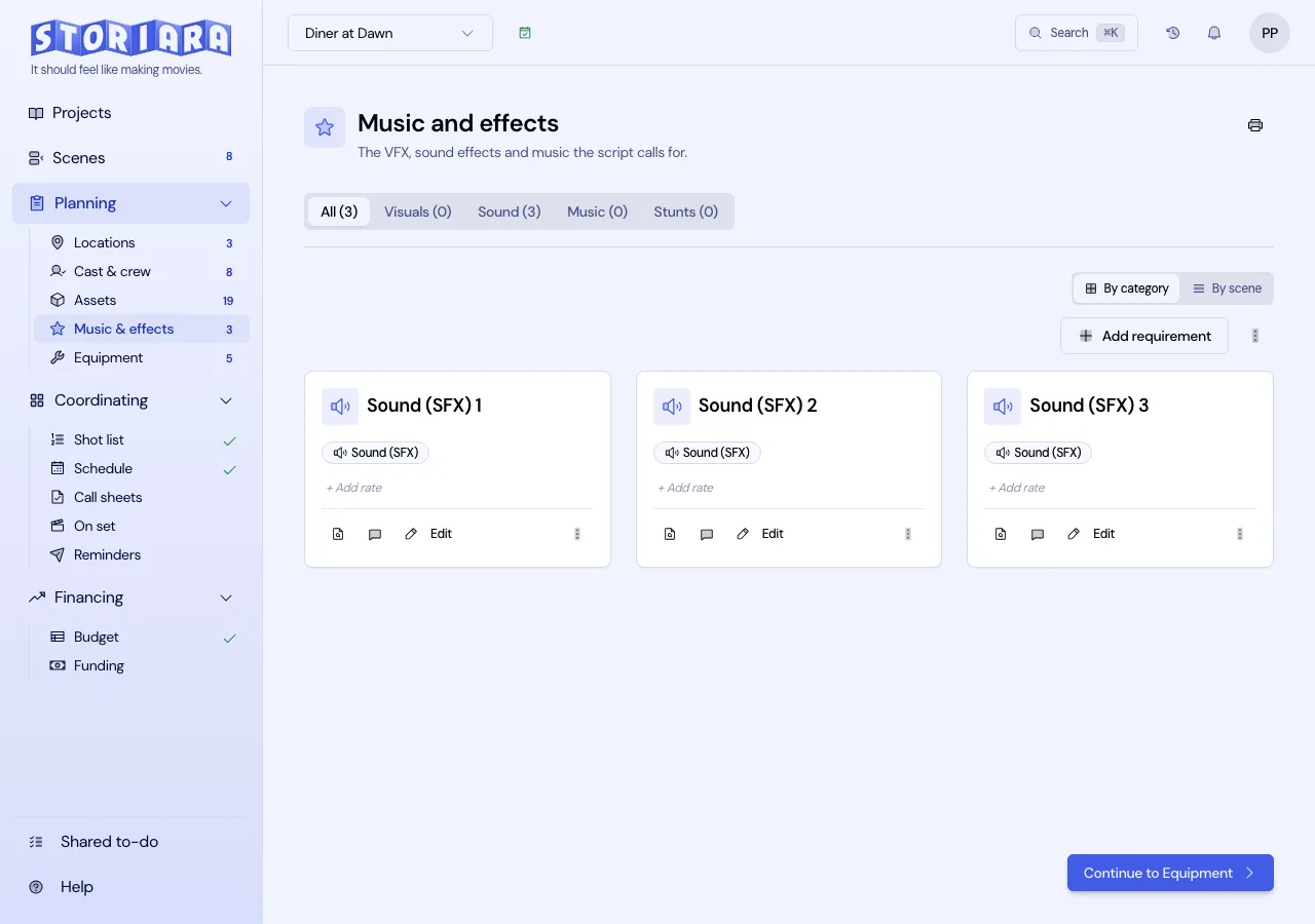 Screenshot: Requirement cards on the Music & Effects page
