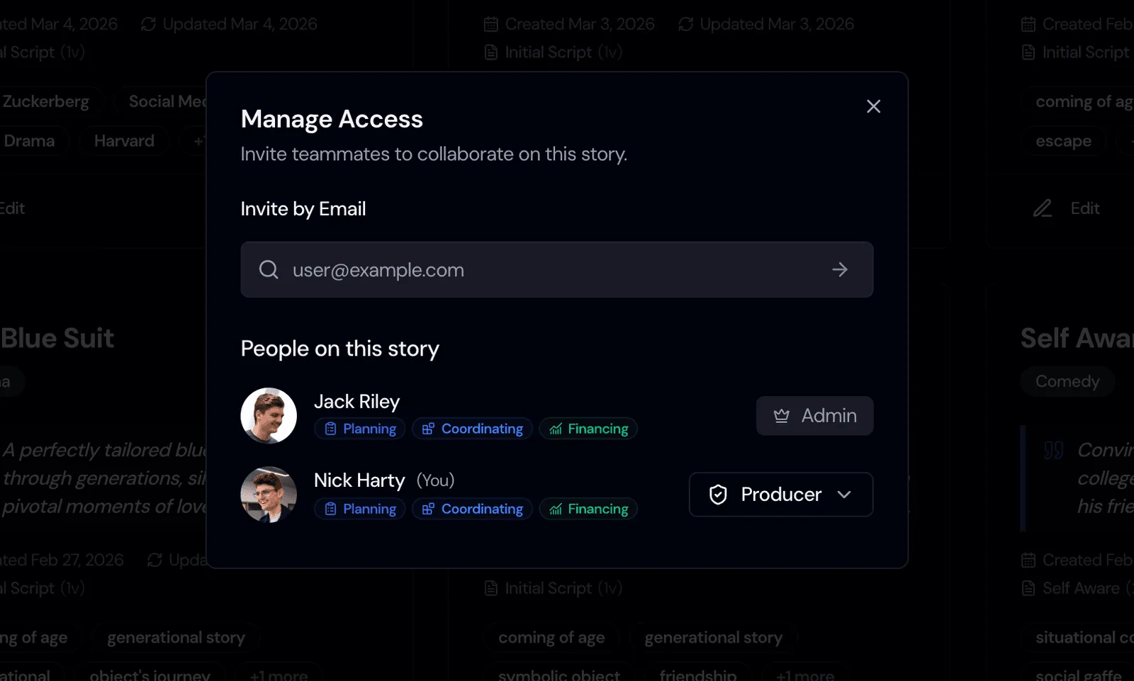 Screenshot: The share dialog with people on the project and their roles