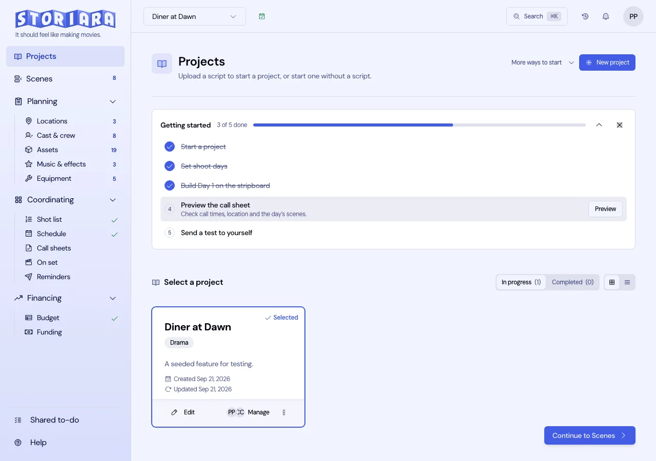 Screenshot: The project list