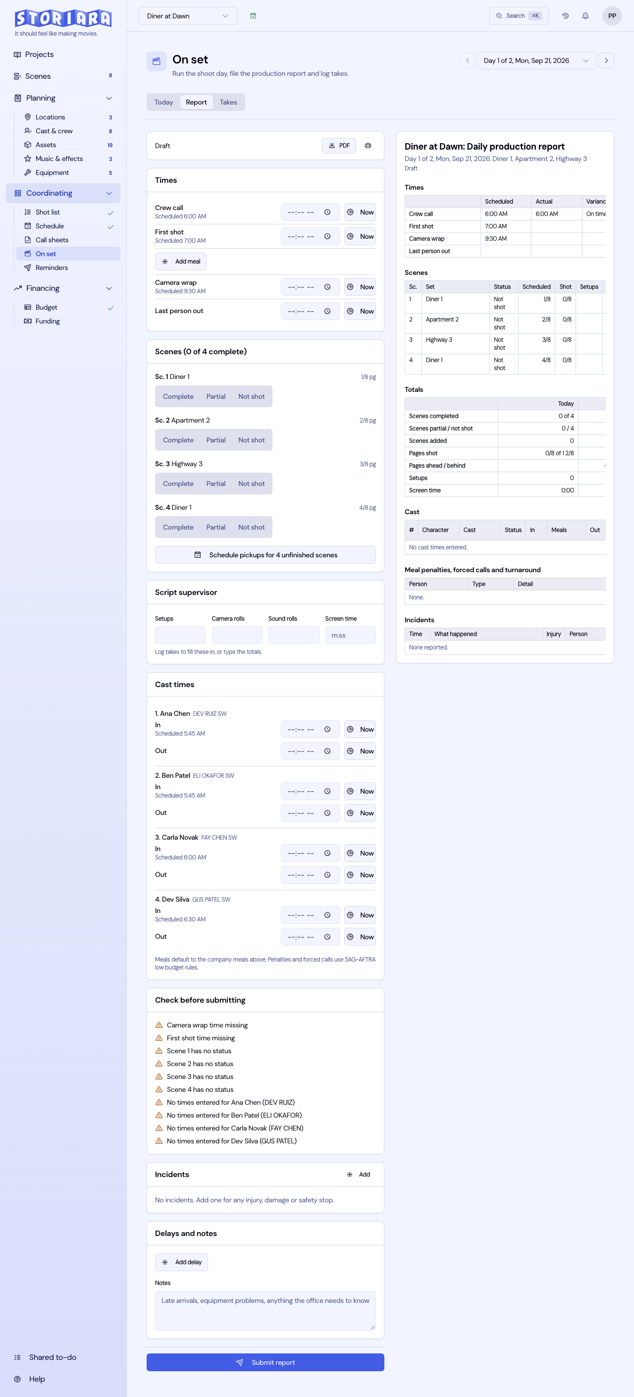 Screenshot: The daily production report with times and scene status