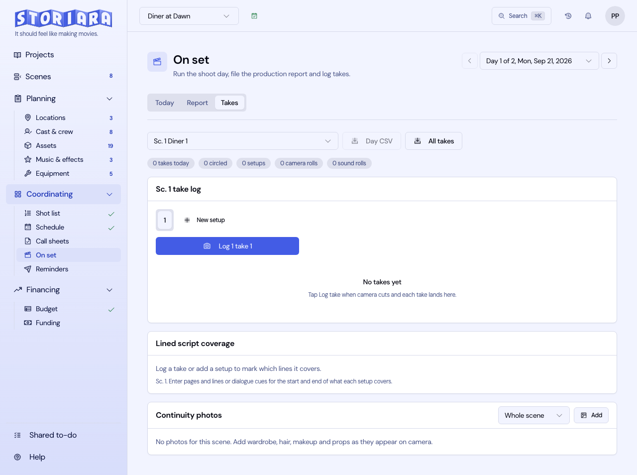 Screenshot: The take log with circled takes and setup letters