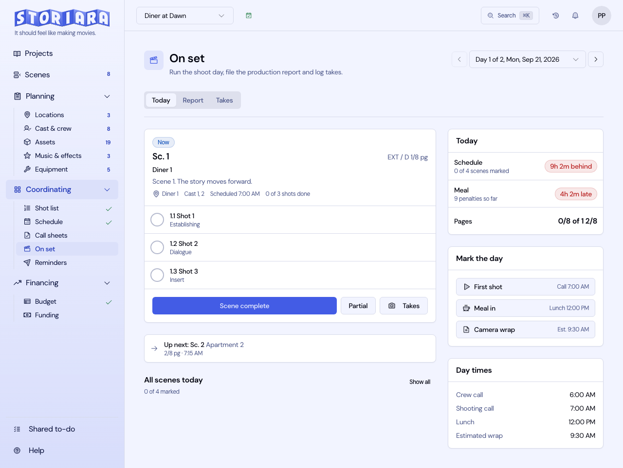 Screenshot: The Today tab with the current scene and the day's status