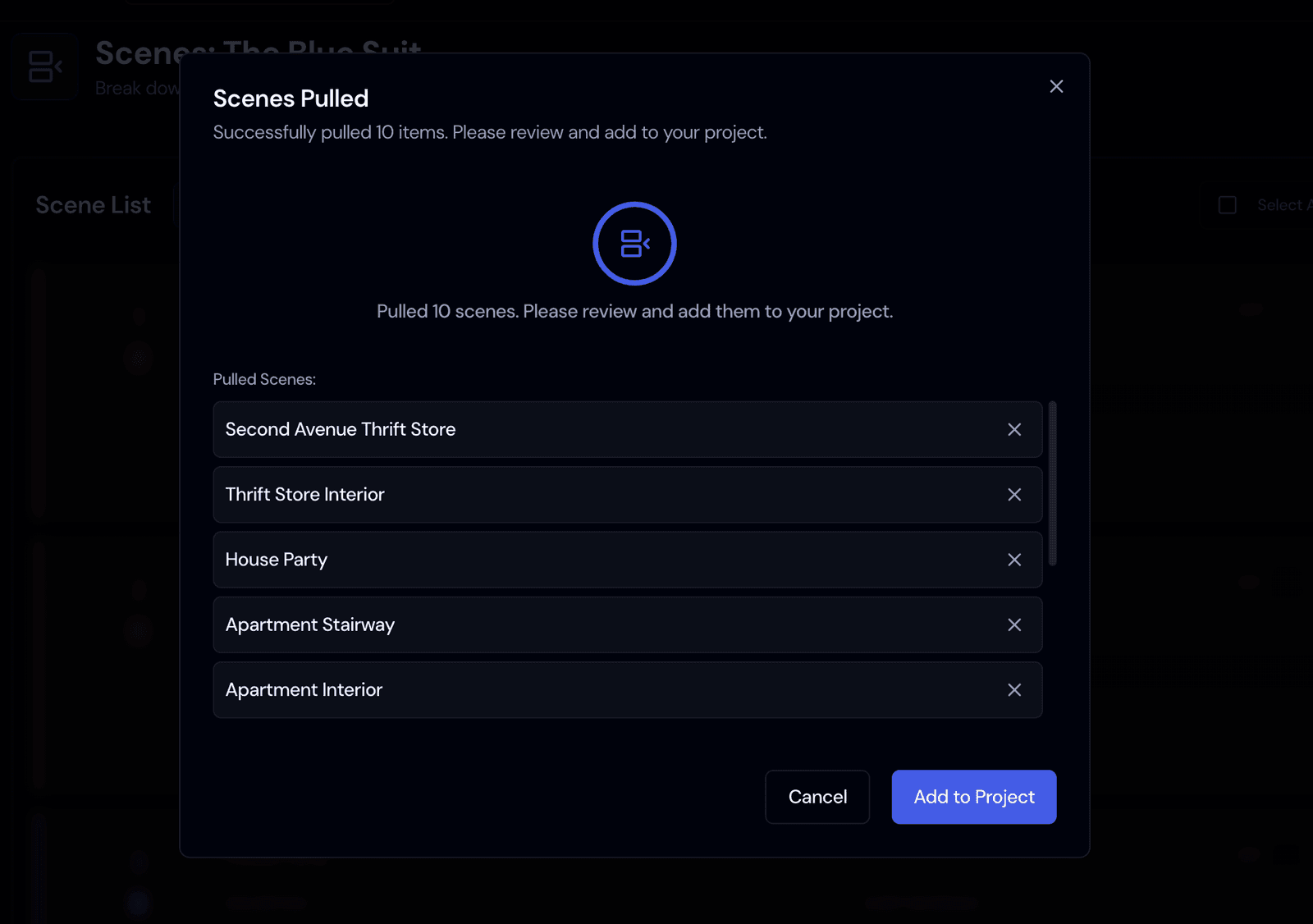 Screenshot: The Scenes Pulled review dialog from an earlier version, which the automatic pull has replaced