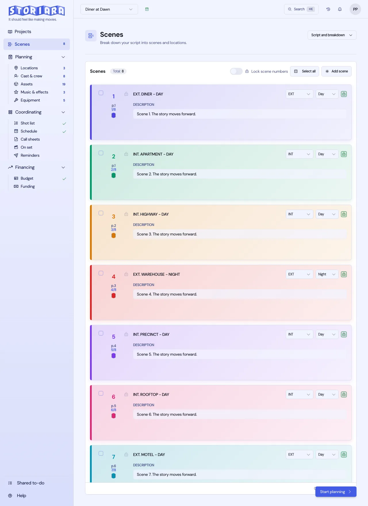Screenshot: The Scenes list with page counts
