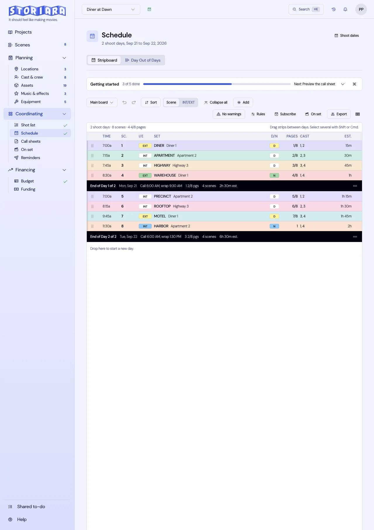 Screenshot: The stripboard with scene colours, shots inline, and the time column