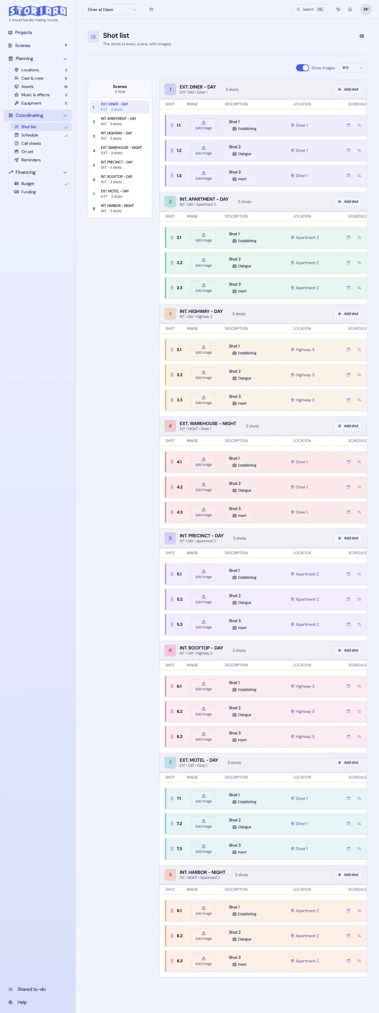 Screenshot: Shots listed by scene, with images, locations, and status