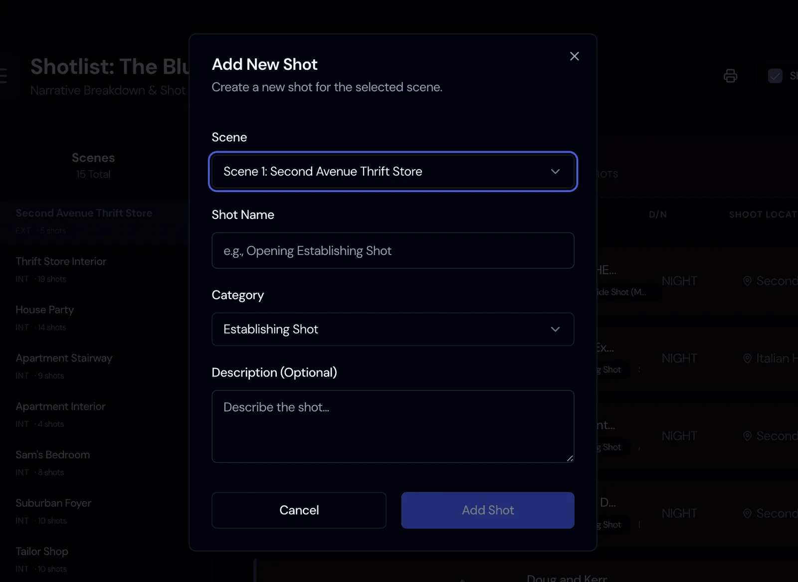 Build the shot list and schedule in Storiara